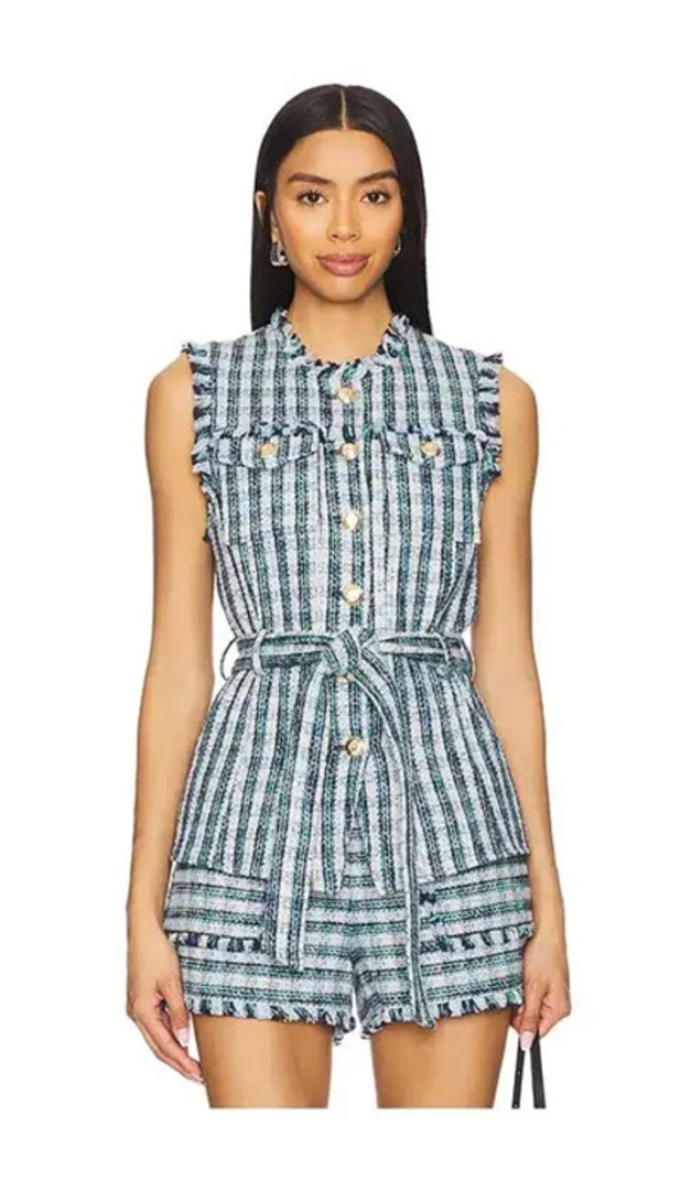 Cinq à Sept Matilda Plaid Tweed Reenee Vest Allen Shorts Matching Set Blue L NWT